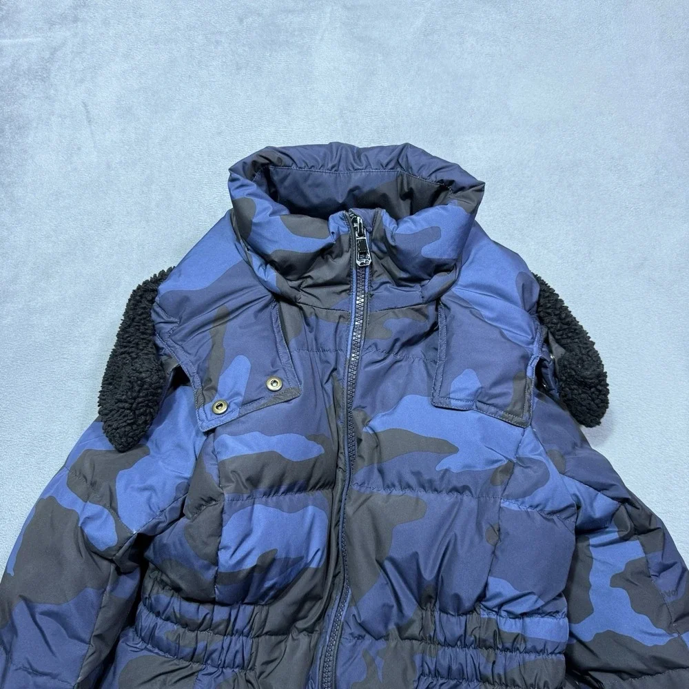 Coach Puffer Jacket Womens S Blue Camo Goose Down Sherpa Hood